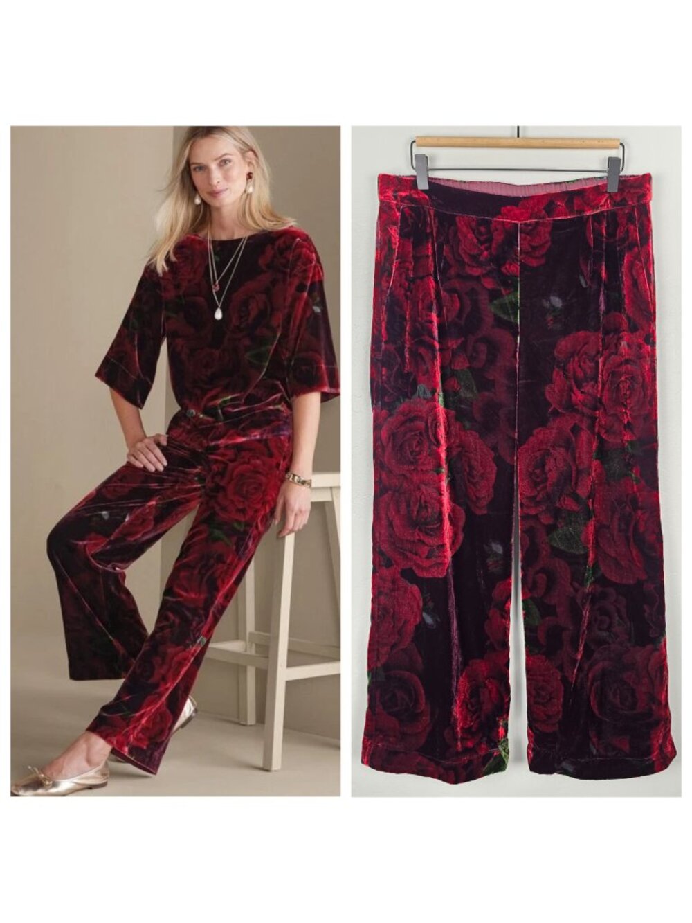 Soft Surroundings Aria Velvet Wide Leg Pants Floral Romantic Roses Red Size L